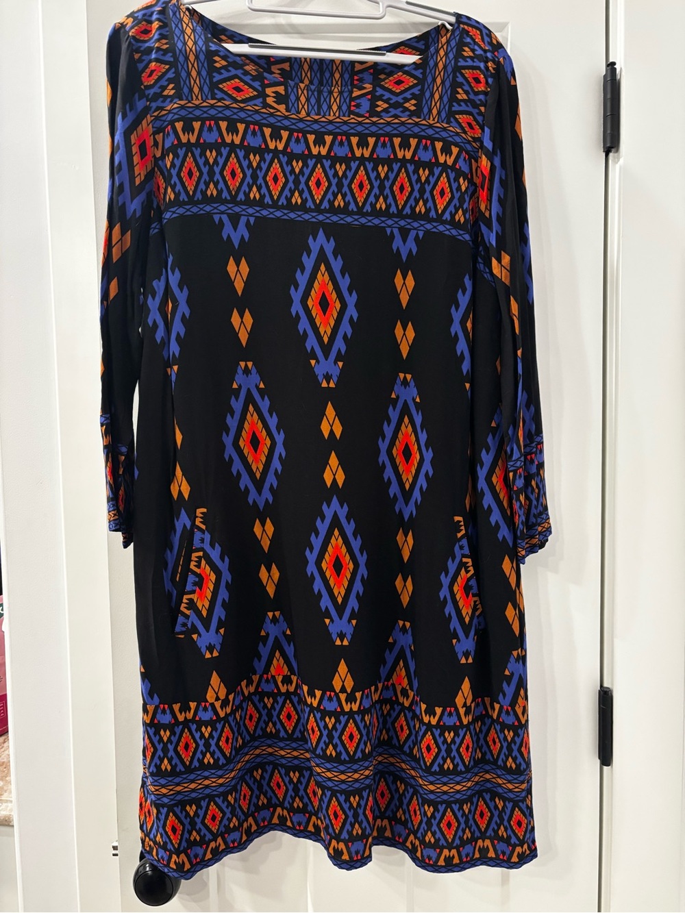 Black Geometric, Aztec Print Shift Dress with Blue and Orange Accents size L/XL